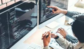 Developing programmer Team Development Website design and coding technologies working in software company office